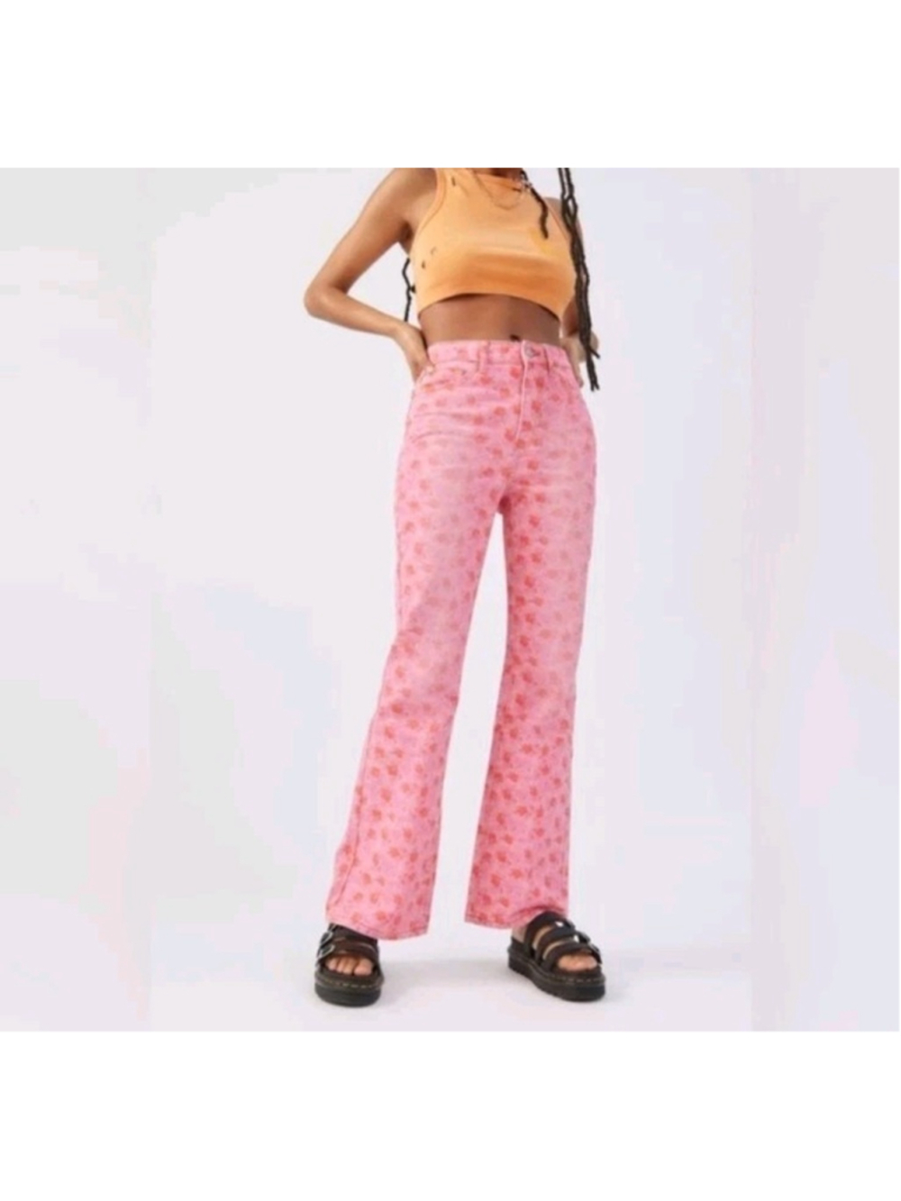 BDG Urban Outfitters Pink Floral High Rise Flare Jeans Y2K Boho Sz 28 Cottage